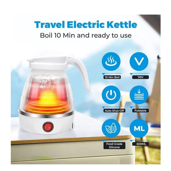 Foldable Electric Kettle Portable Collapsible 600ML Auto Shut-Off, 110V Silicone - Picture 4 of 7